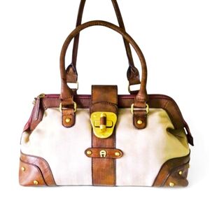 Vintage Ettienne Aigner 1970s Taupe With Brown Leather Trim Top Handle Satchel